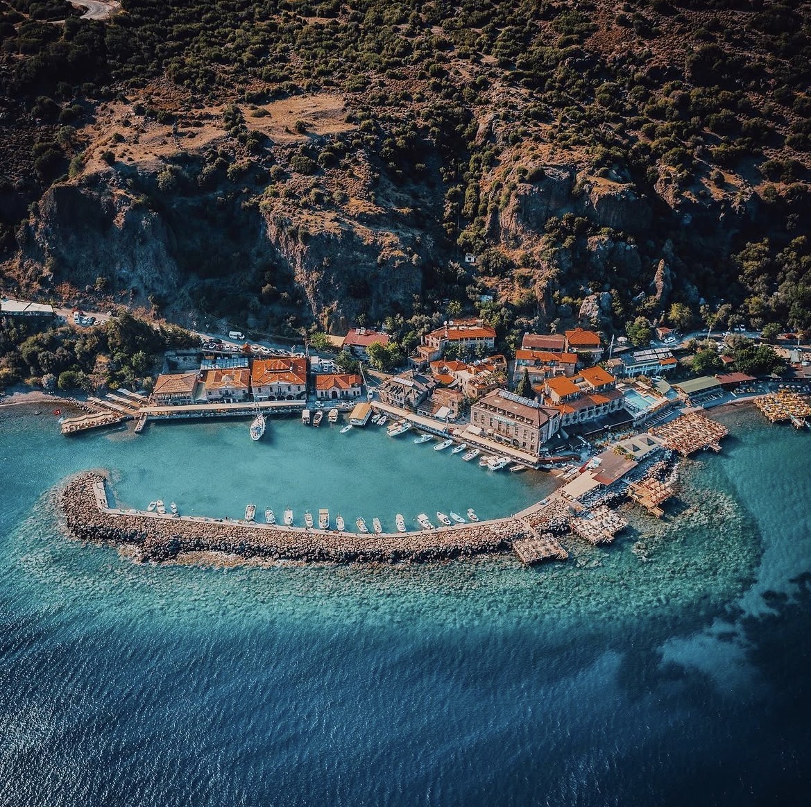 Aerial view of the stone harbour at Assos on the Aegean coast