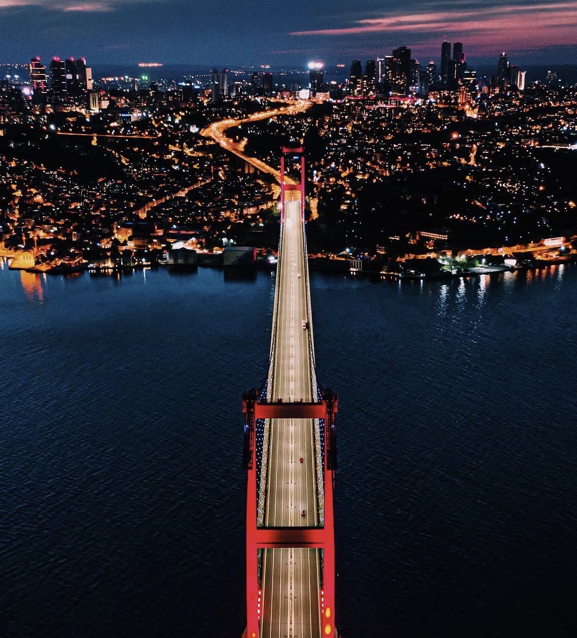 Aerial view of the Bosphorus Bridge in Istanbul at night